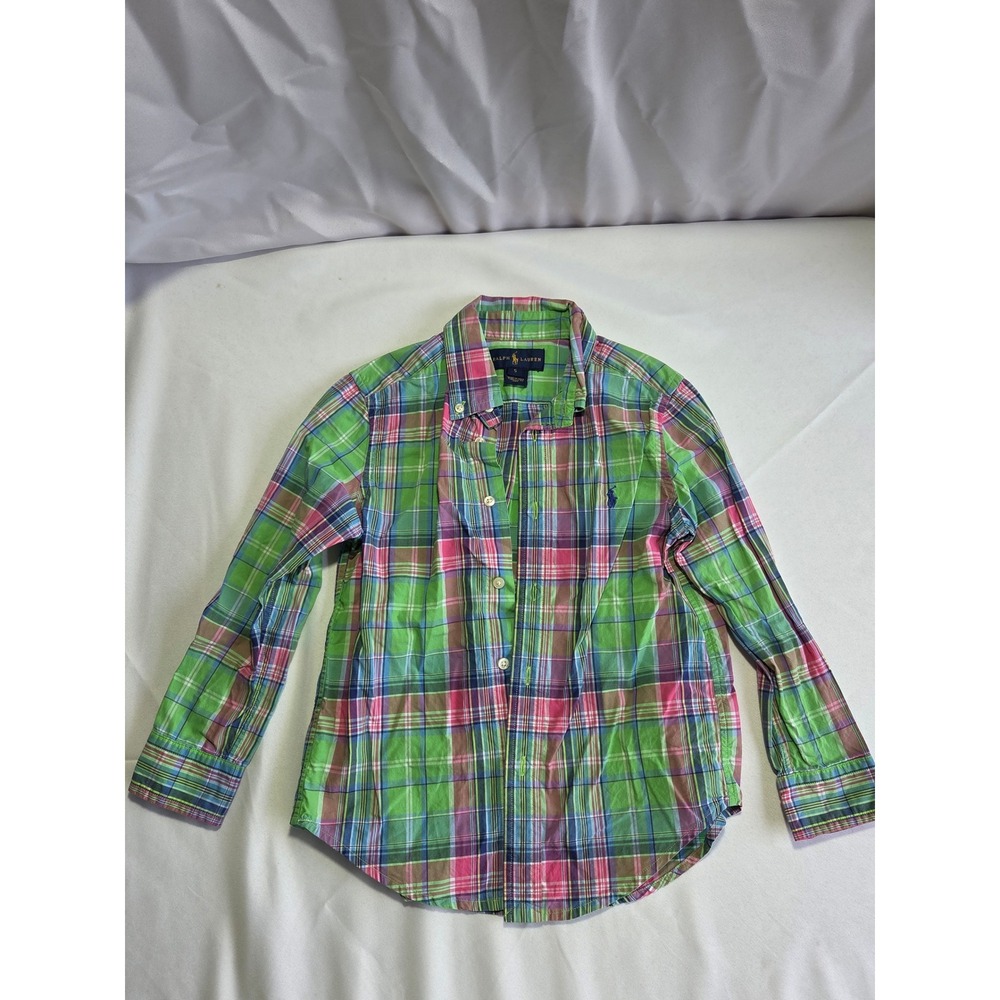 Ralph Lauren Boys Green Pink Madras Plaid Button Down Shirt Size 5 Long Sleeve - Picture 2 of 6